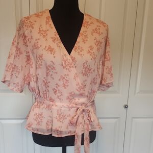 LOFT Pink Floral Wrap Blouse with Tie Waist